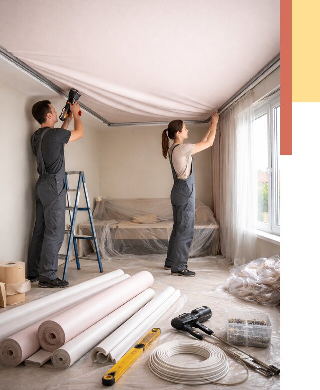 Монтаж цветного натяжного потолка в Самаре от 4245 руб/м² — быстро и недорого | ОТДЕЛОЧНИК-Смр